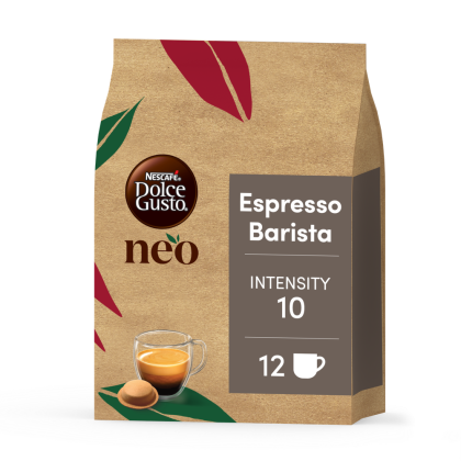 Vista frontal del pack de NEO Espresso Barista con una c&aacute;psula