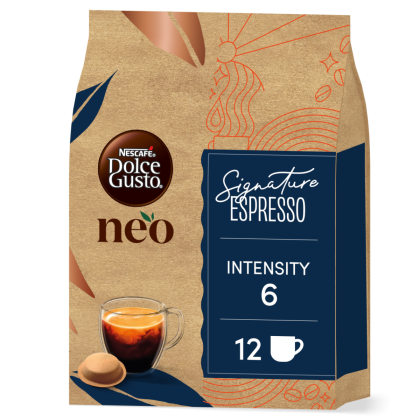 vista frontal de NEO Signature Espresso con una c&aacute;psula