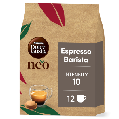 Vista frontal del pack de NEO Espresso Barista con una c&aacute;psula