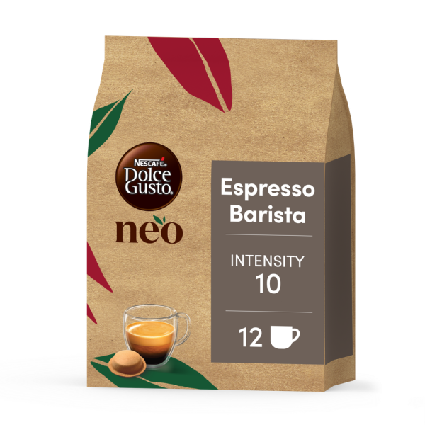 Vista frontal del pack de NEO Espresso Barista con una cápsula
