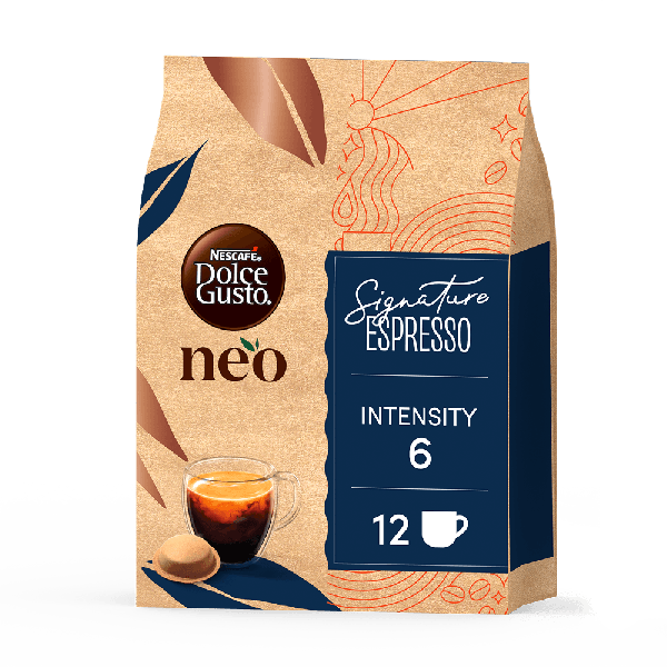 vista frontal de NEO Signature Espresso con una cápsula