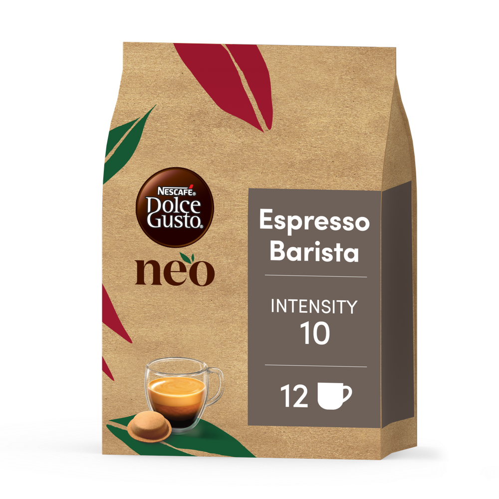 Vista frontal del pack de NEO Espresso Barista con una cápsula