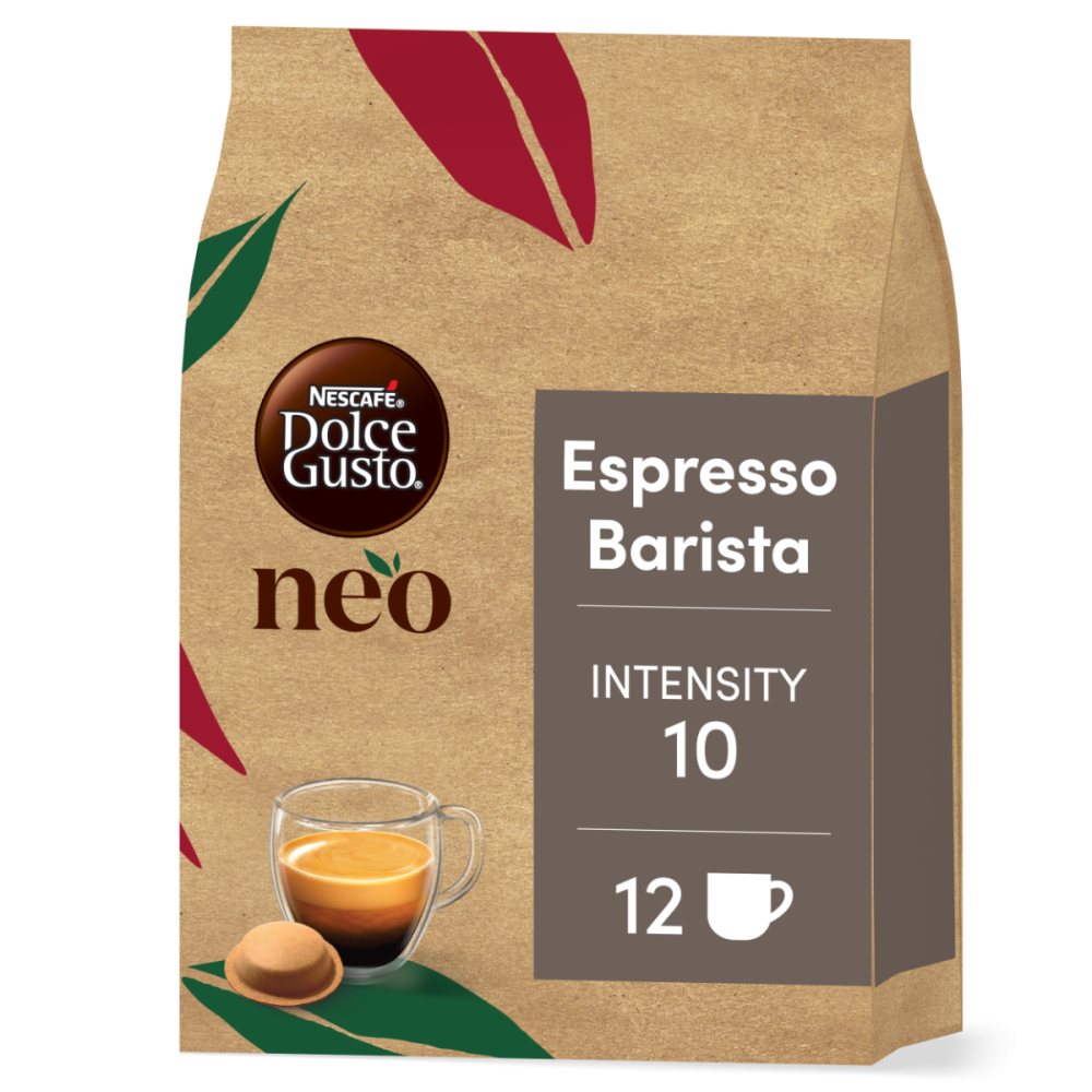 Vista frontal del pack de NEO Espresso Barista con una cápsula
