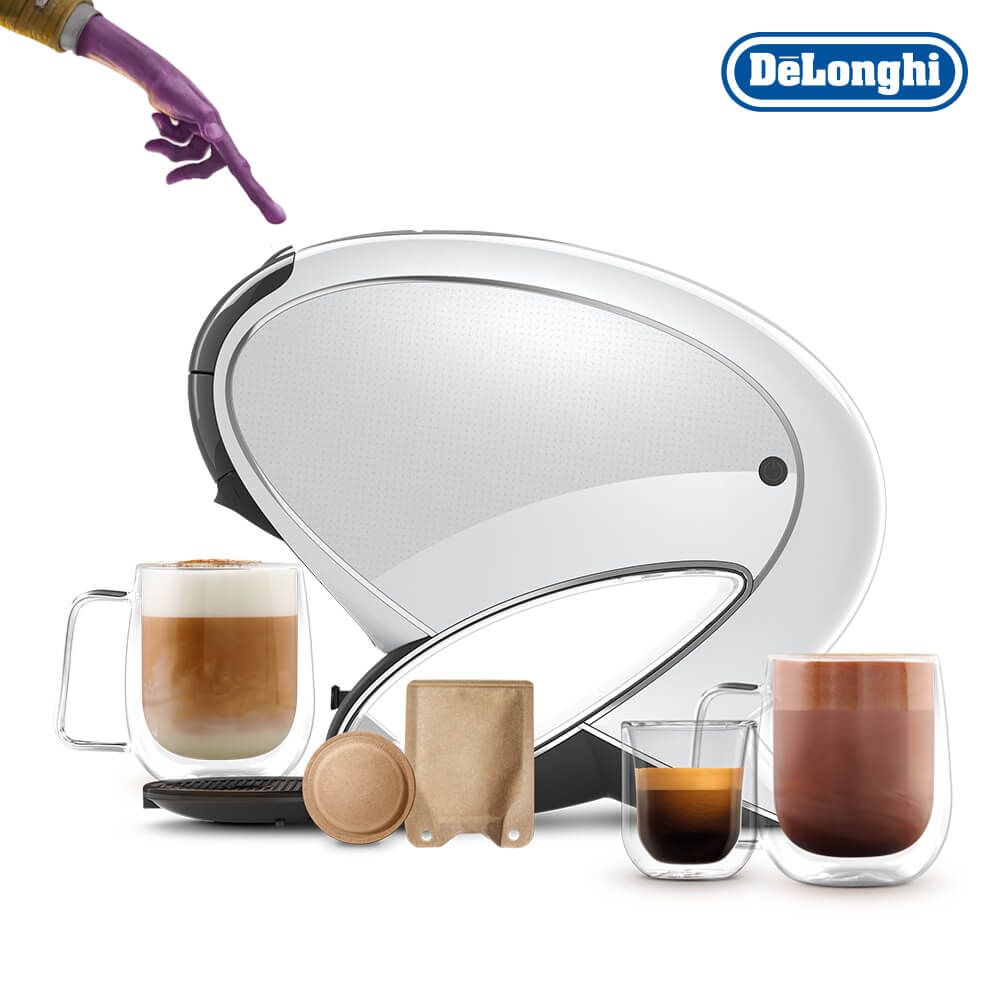 Dedo alienígena toca la cafetera de cápsulas NEO Latte con cápsula y sobre de leche compostable NEO.