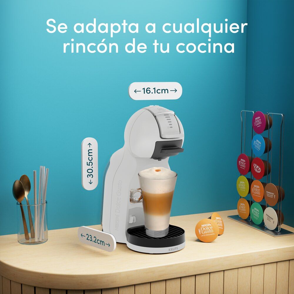Cafetera de cápsulas Mini Me 2 Gris en un rincón de cocina mostrando sus dimensiones.