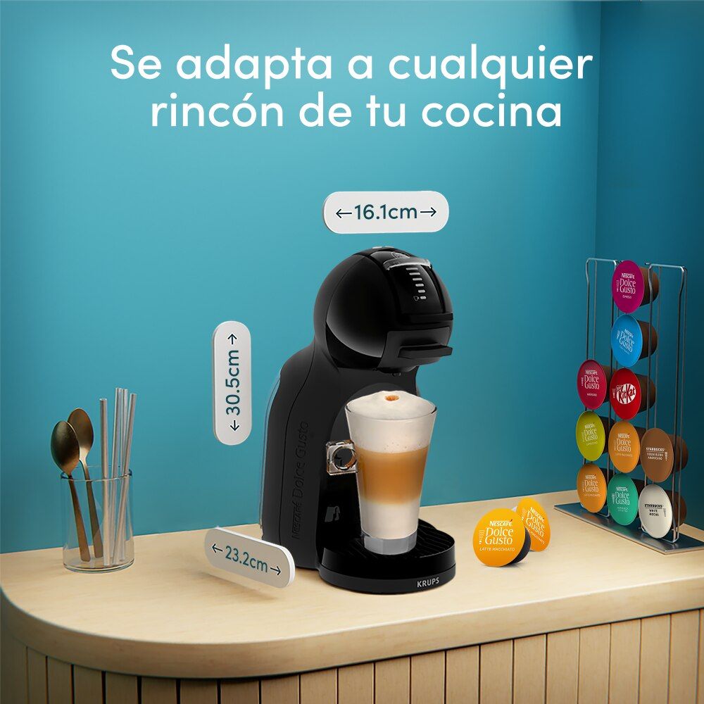 Cafetera de cápsulas Mini Me 2 Negra en un rincón de cocina mostrando sus dimensiones.