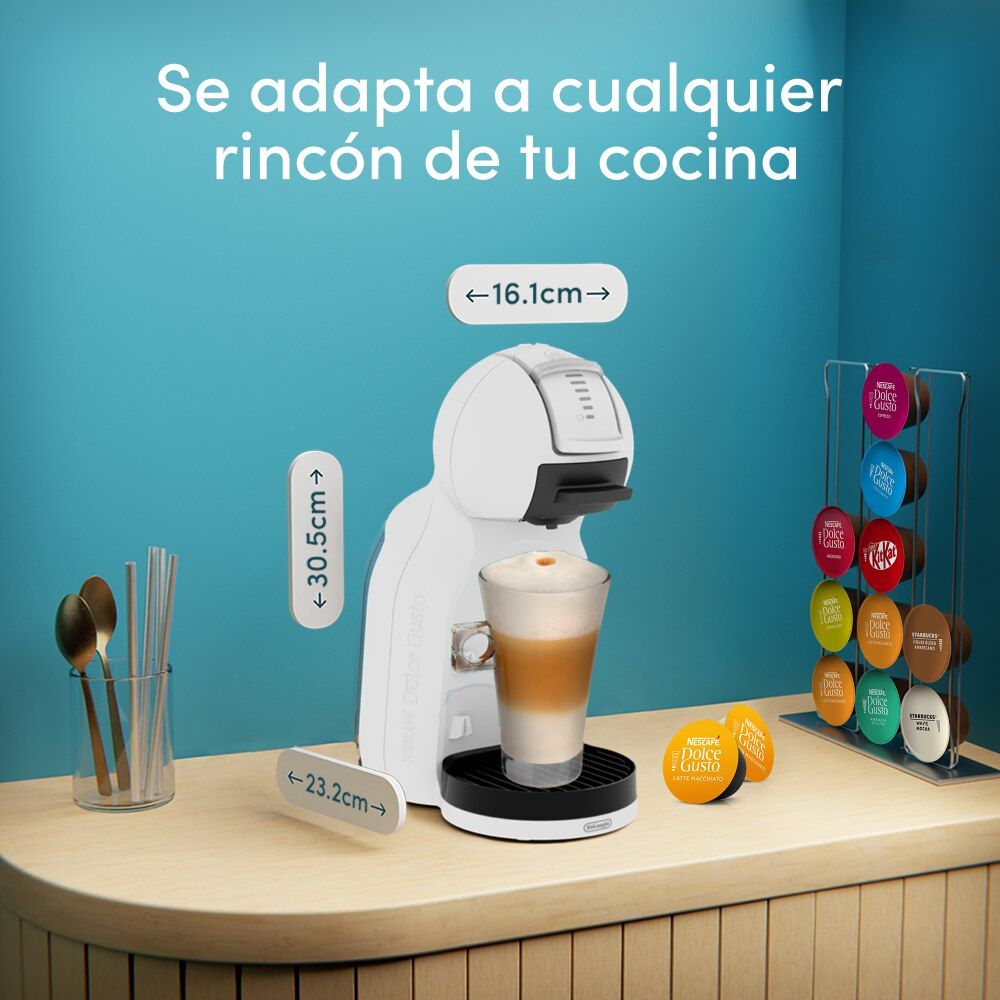 Cafetera de cápsulas Mini Me 2 Blanca en un rincón de cocina mostrando sus dimensiones.
