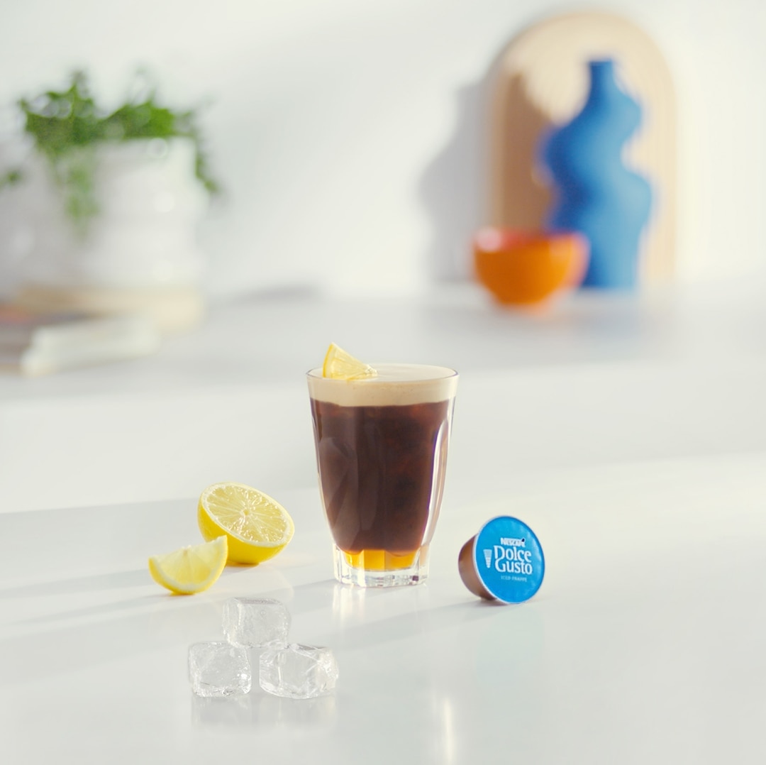 iced lemon coffee frappé recipe next to ingredients