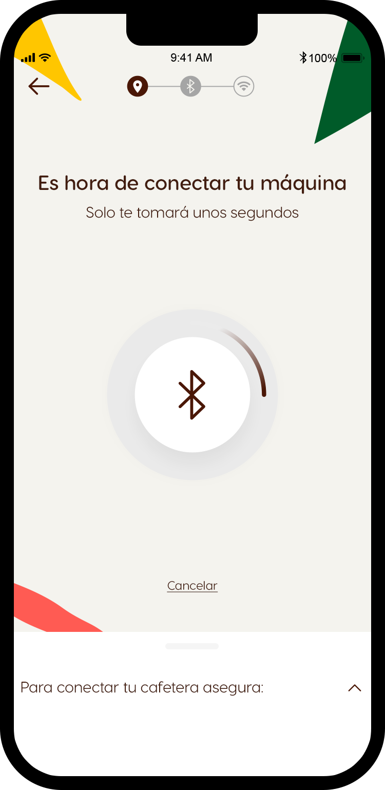 Pantalla de progreso de conexi&oacute;n Bluetooth para la configuraci&oacute;n de la cafetera Dolce Gusto.