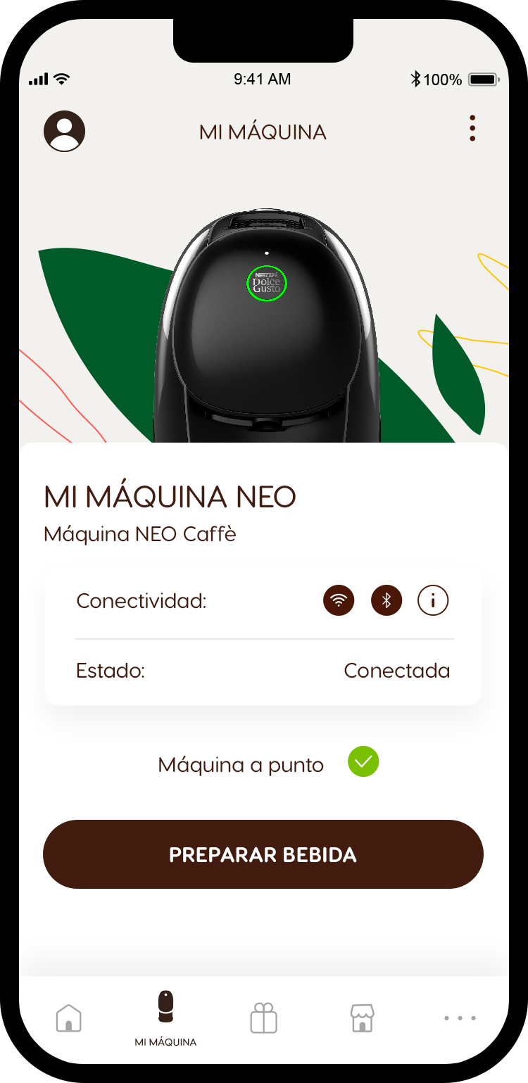 Captura de pantalla de la app m&oacute;vil mostrando el estado de la m&aacute;quina NEO conectada