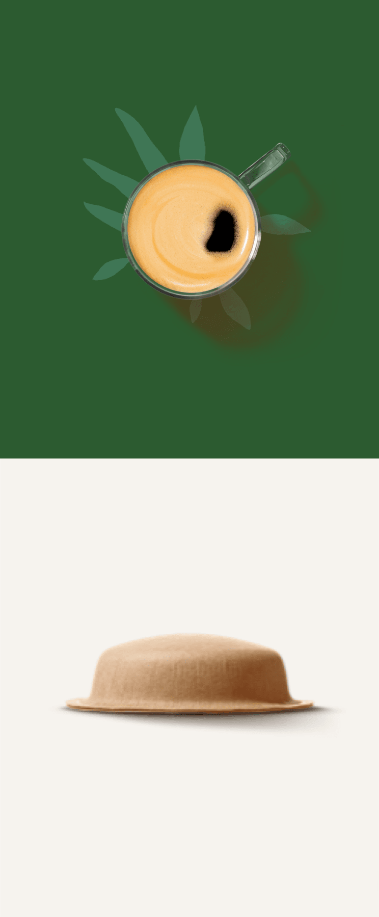 Taza de caf&eacute; de vidrio vista desde arriba con crema, delante de una c&aacute;psula sobre fondo claro
