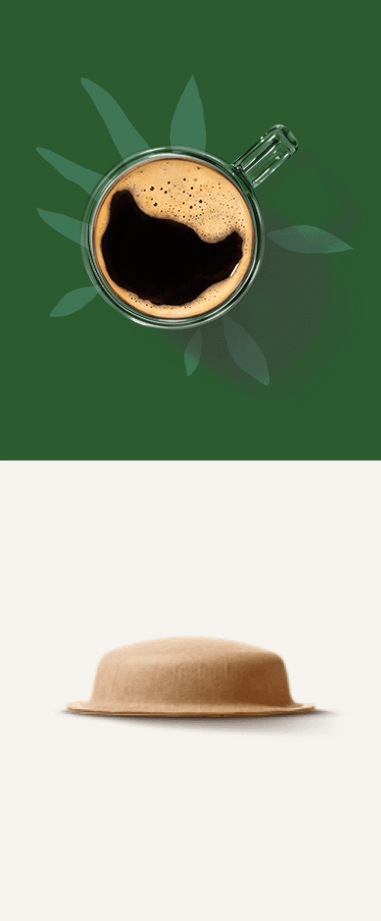 Taza de café de vidrio vista desde arriba con crema, delante de una cápsula sobre fondo claro