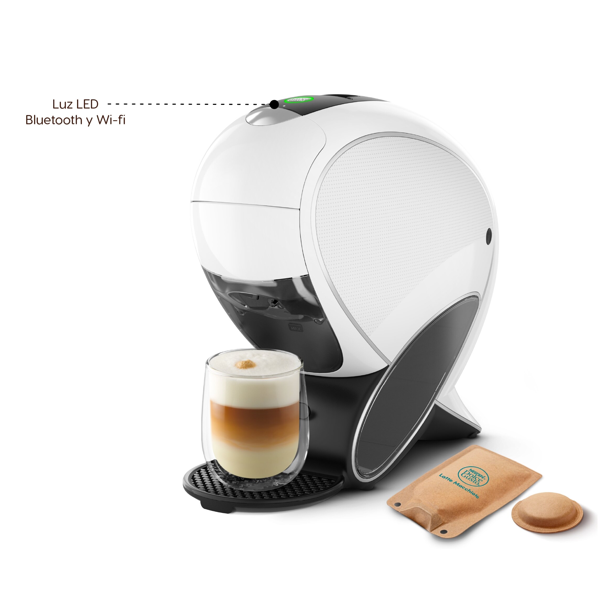 LED Wi‑Fi y Bluetooth en la parte superior.