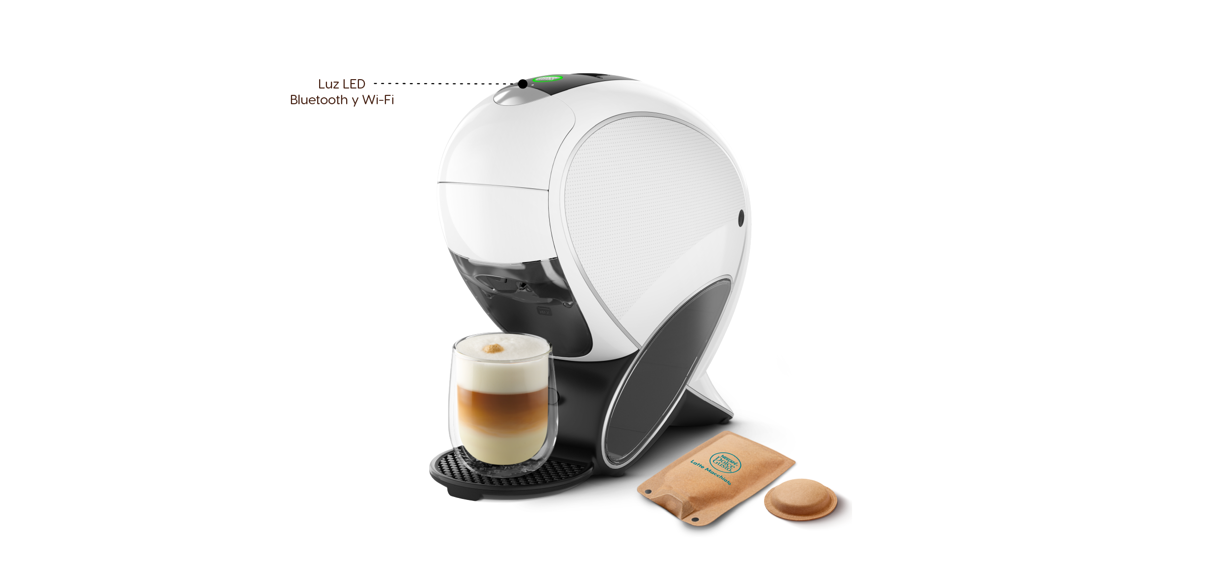 LED Wi‑Fi y Bluetooth en la parte superior.