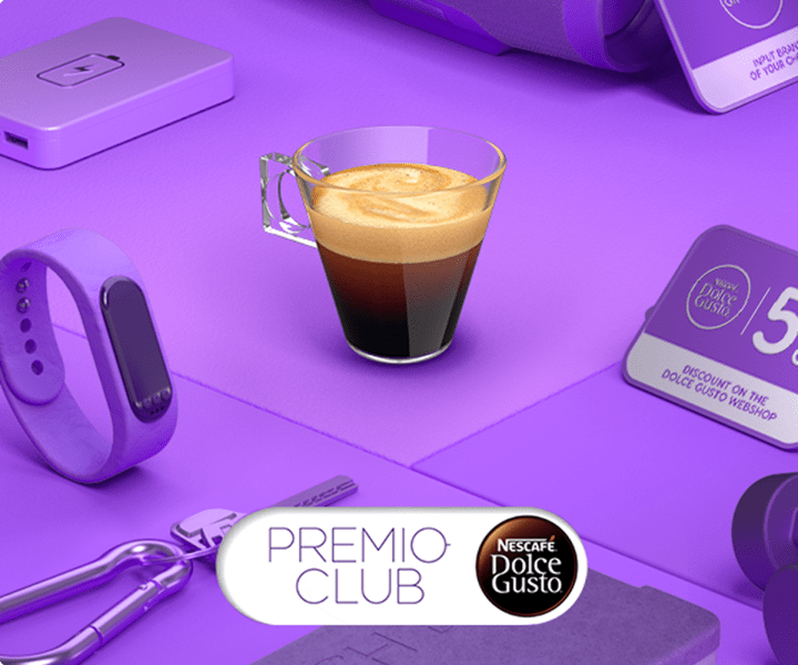 Taza de espresso y premios del programa PREMIO CLUB de NESCAF&Eacute; Dolce Gusto.
