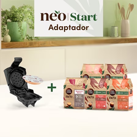 Banner promocional NEO Start con adaptador y packs de café en oferta​