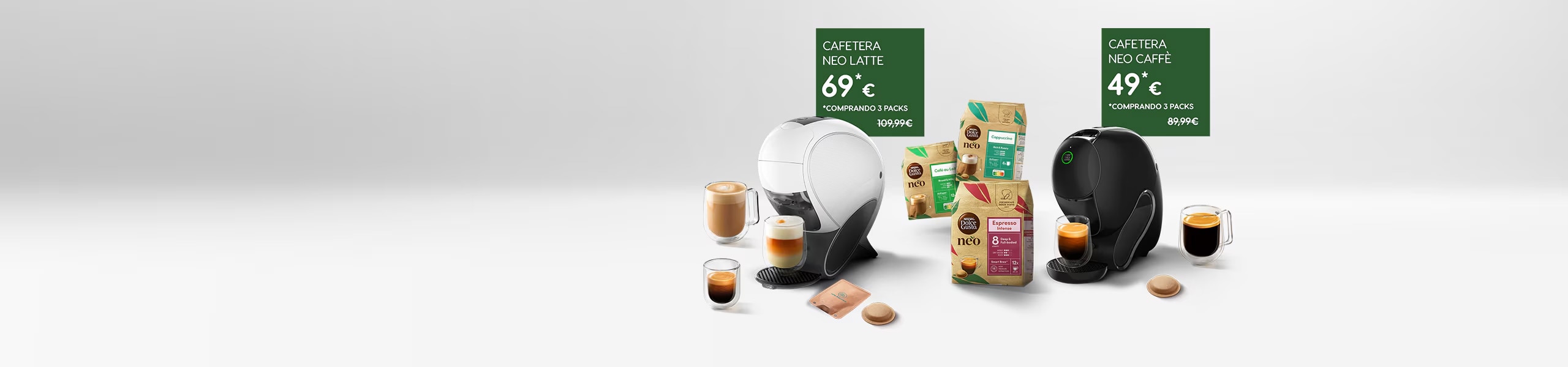 Cafetera inteligente NEO latte, pack de café y bebidas.