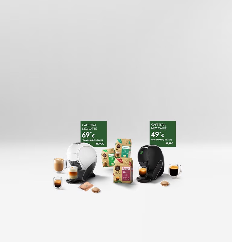 Cafetera inteligente NEO latte, pack de café y bebidas.