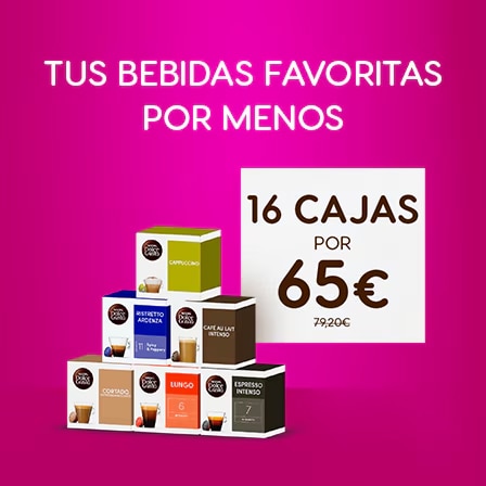 Banner promocional con packs de café en oferta destacando 16 cajas por 65€​