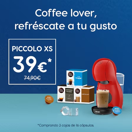 Banner promocional de cafetera Piccolo XS roja con oferta: al comprar 3 packs, la máquina por 39€​
