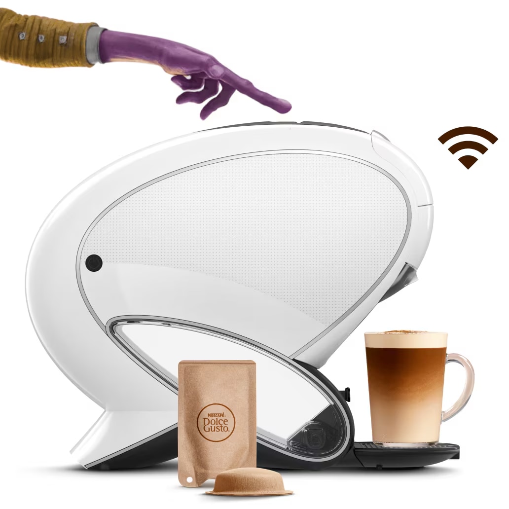 Cafetera NEO Latte con cápsulas hechas a base de papel y sobres. Icono de Wi-Fi