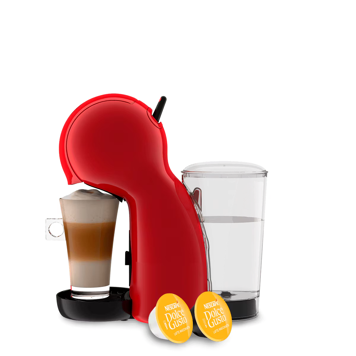 Cafetera Piccolo roja y cápsulas de café