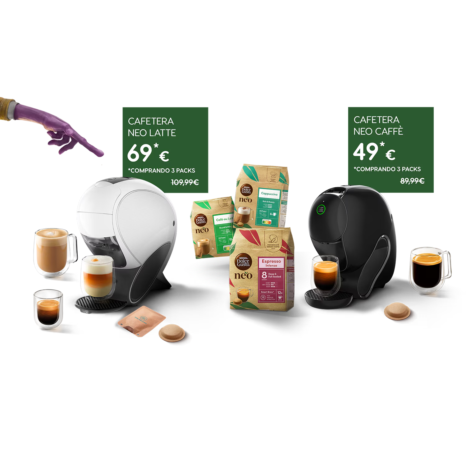 Una cafetera NEO Latte blanca con diferentes bebidas