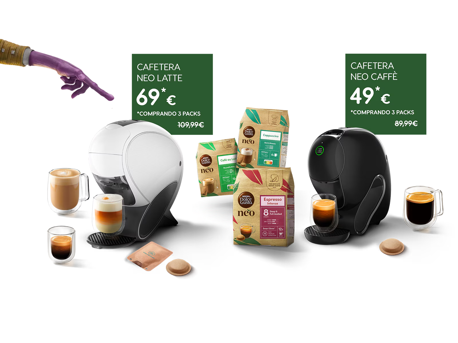 Una cafetera NEO Latte blanca con diferentes bebidas
