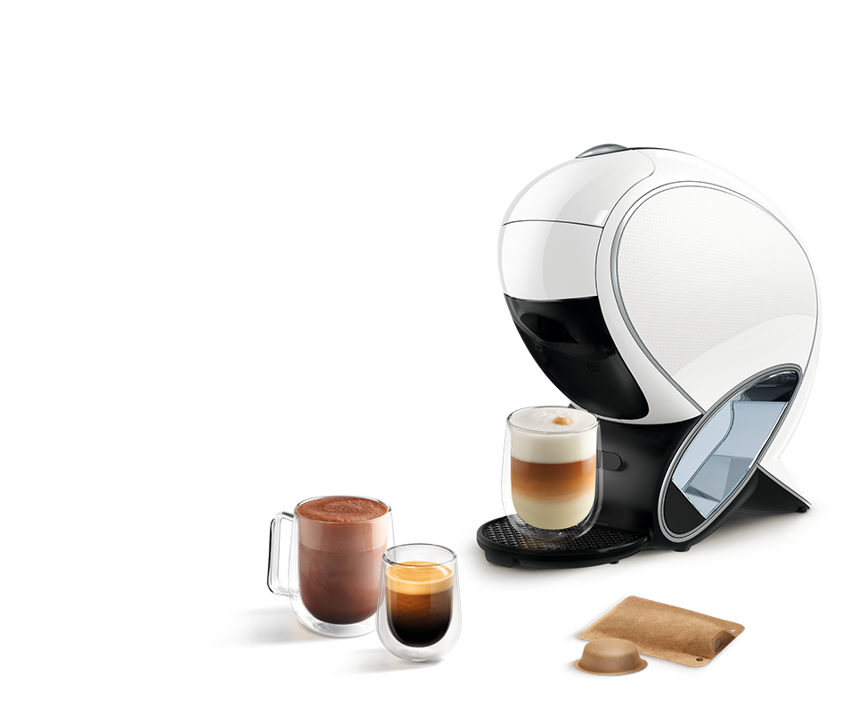Una cafetera NEO Latte blanca con diferentes bebidas NEO