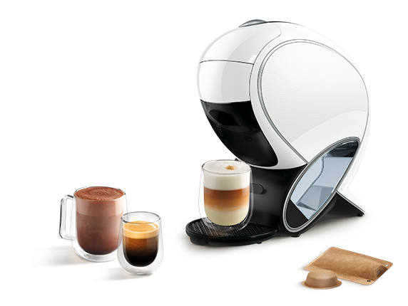 Una cafetera NEO Latte blanca con diferentes bebidas NEO