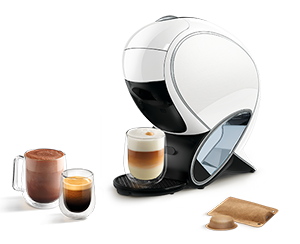 Una cafetera NEO Latte blanca con diferentes bebidas NEO