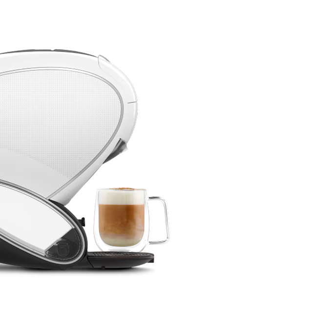 Comparativa entre una cafetera NEO Latte blanca y una cafetera NEO Caffè negra. El dedo de un alienígena duda entre las dos.