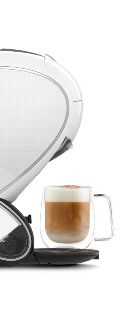 Comparativa entre una cafetera NEO Latte blanca y una cafetera NEO Caffè negra. El dedo de un alienígena duda entre las dos.