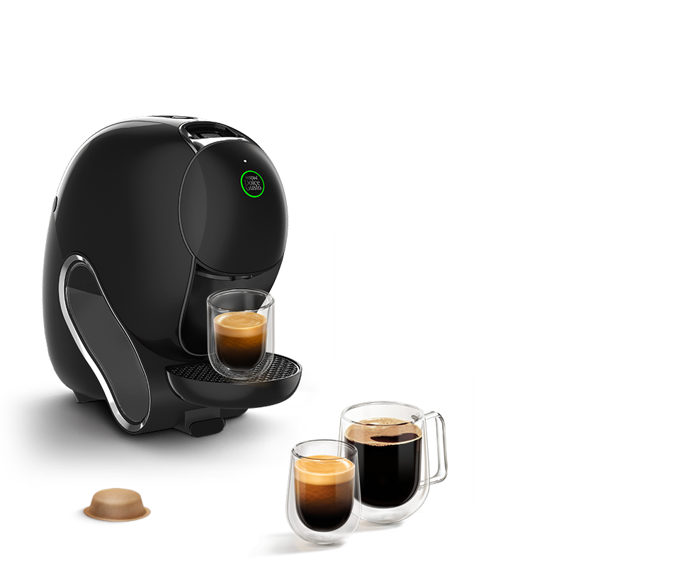 Una cafetera NEO Caffè negra con cafés solos NEO