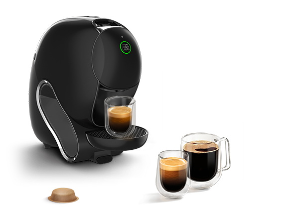 Una cafetera NEO Caffè negra con cafés solos NEO