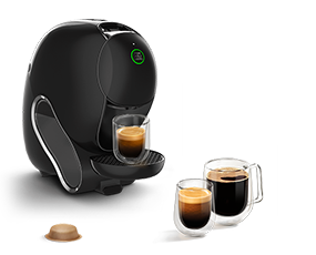 Una cafetera NEO Caffè negra con cafés solos NEO